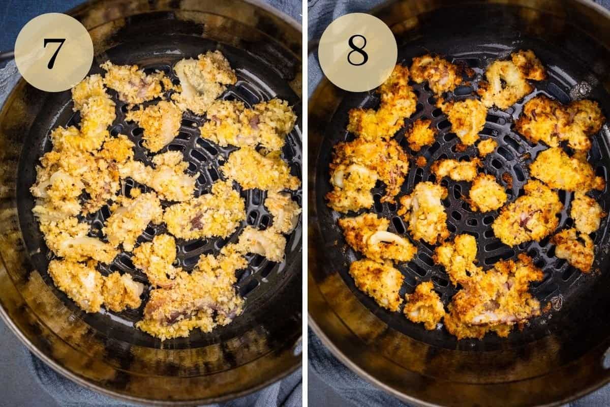 breaded calamari in the air fryer, before and after air frying.