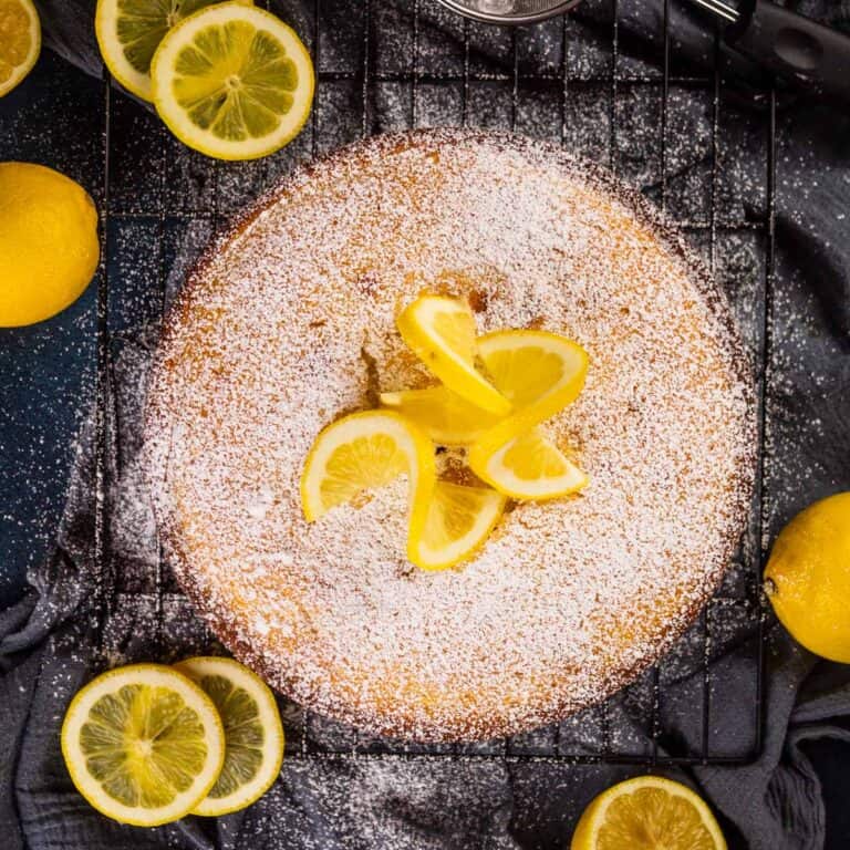 lemon ricotta cake dusted in powdered sugar and garnished with fresh lemon wheels.