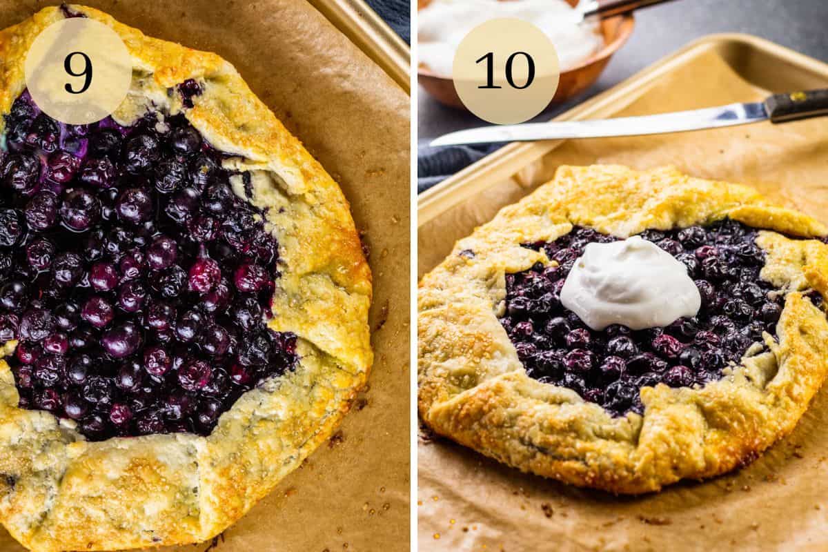Baked blueberry crostata on a sheet pan and crostata topped with fresh whipped cream.