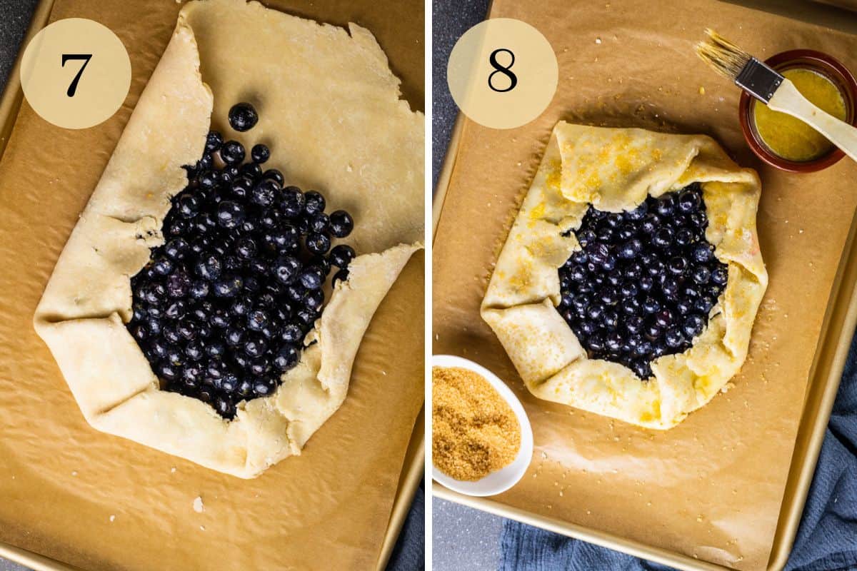 pie dough folding up around blueberry filling and crostata brushed with egg and sprinkled with sugar.