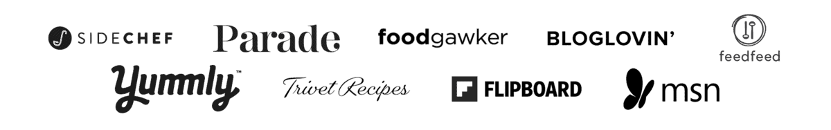 2 rows of logos for the brands: Sidechef, parada, food gawker, bloglovin', feedfeed, yummly, trivet recipes, fliboard, msn