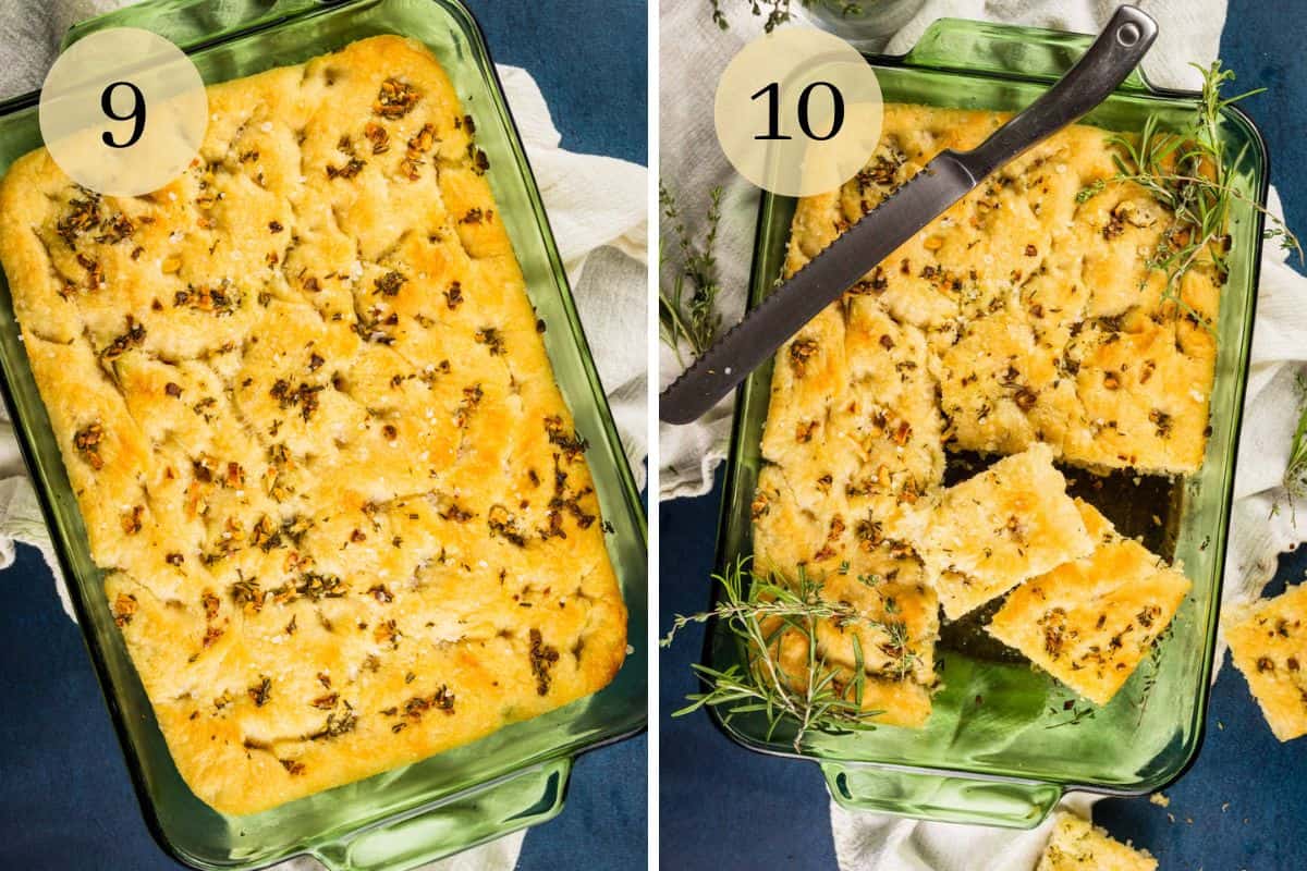 freshly baked pan of italian focaccia and focaccia bread cut into squares with fresh herbs around.