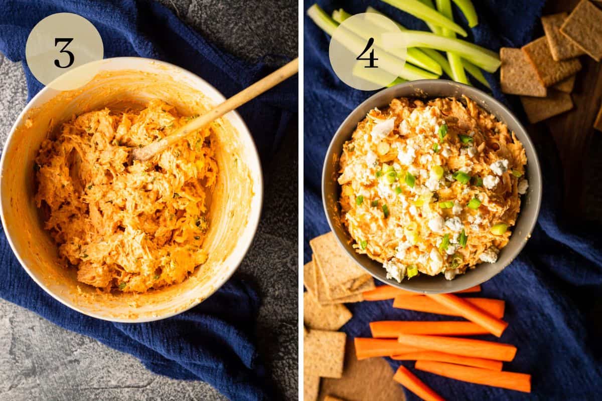 spoon stirring chicken with ingredients for dip in bowl and dip with crackers, celery and carrots.