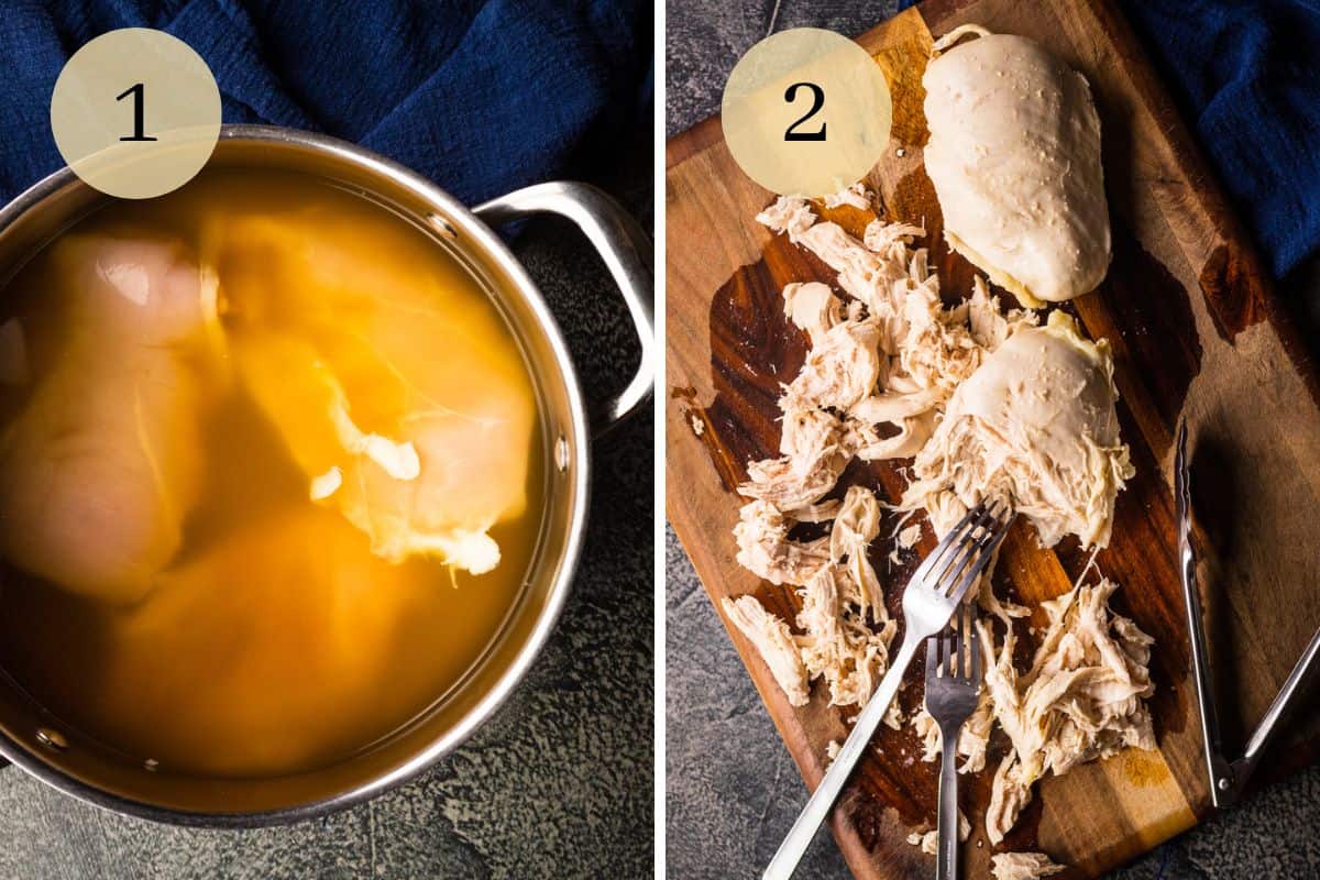 chicken in a pot covered with broth and shredded chicken on a cutting board with forks.