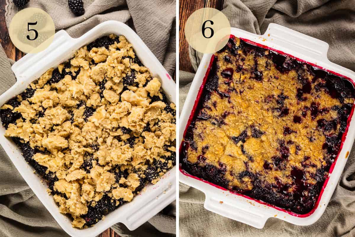 crumble topping on fresh blackberry filling and baked blackberry crumble in a white dish.