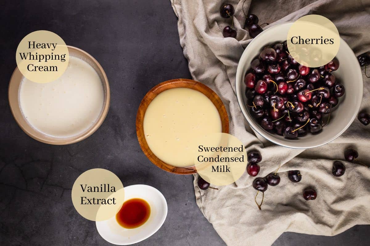 cherries, whipping cream, vanilla extract and sweetened condensed milk.