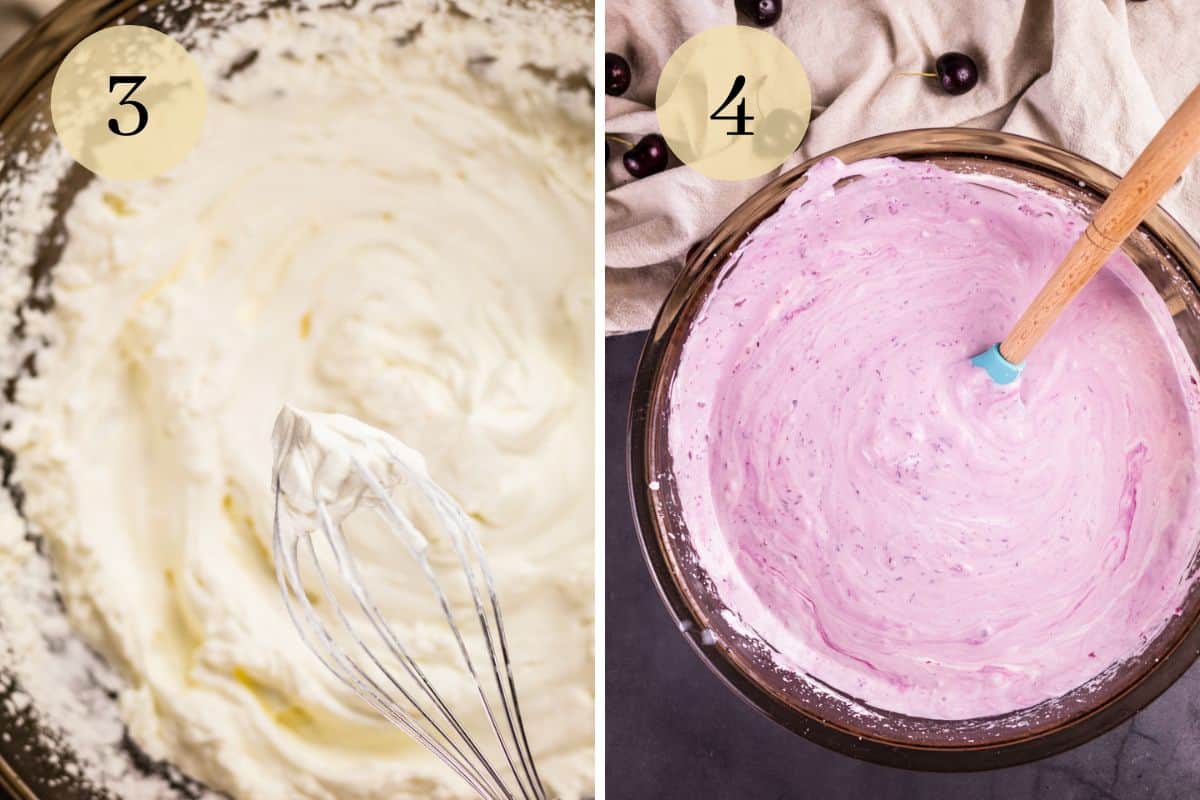 whipped cream with mixer and black cherry ice cream mixture in a bowl with spatula.