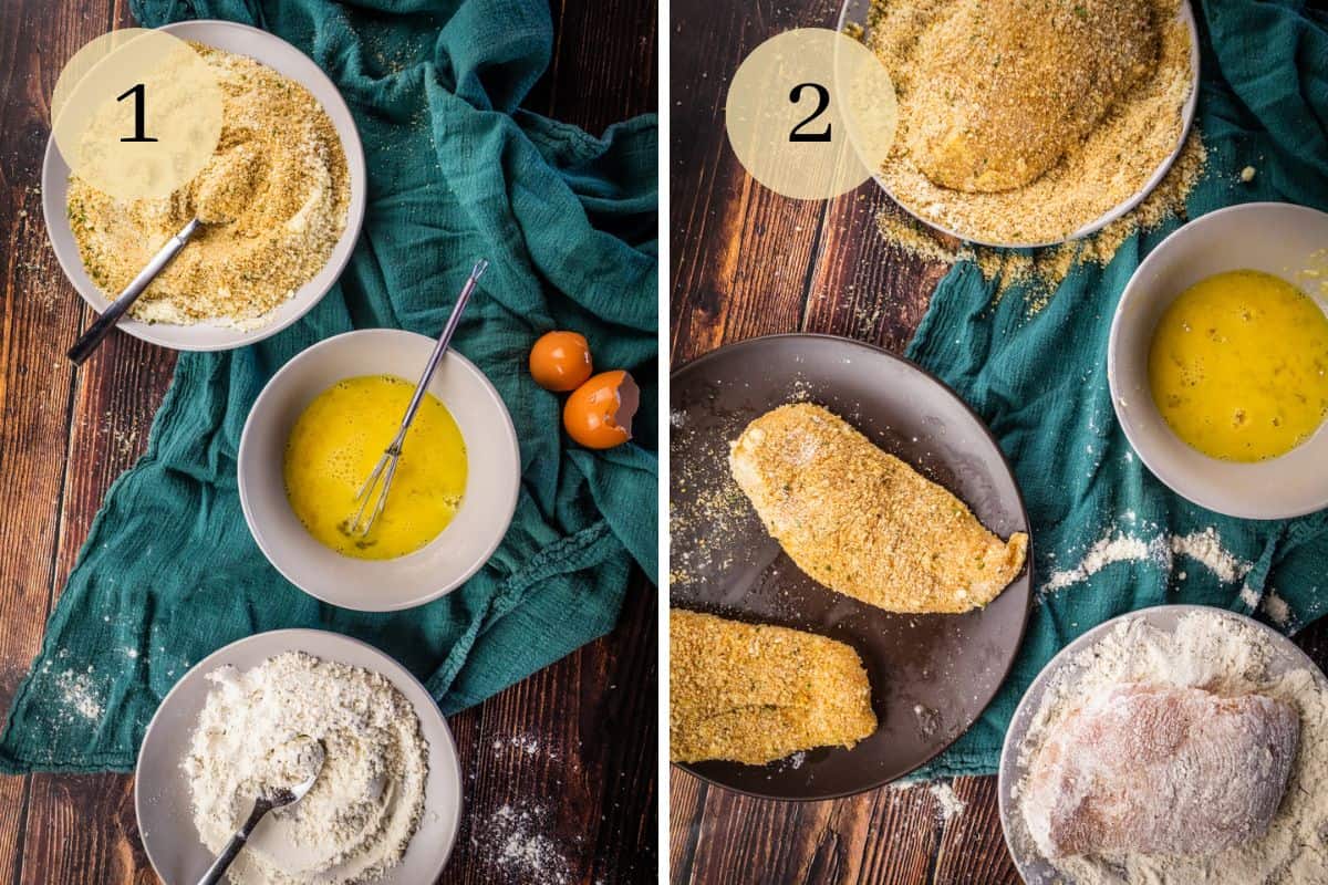 bowl of seasoned flour, mixed eggs and seasoned bread crumbs and chicken being breaded in mixtures.