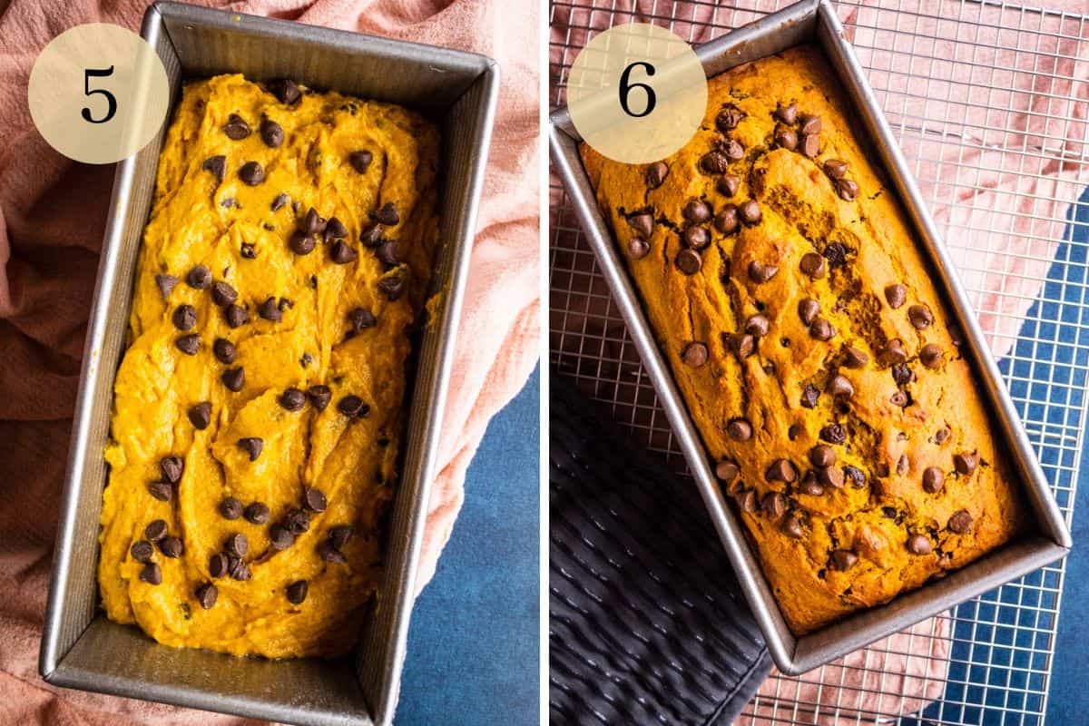 pumpkin batter in a loaf pan with chocolate chips and baked pumpkin bread in loaf pan.