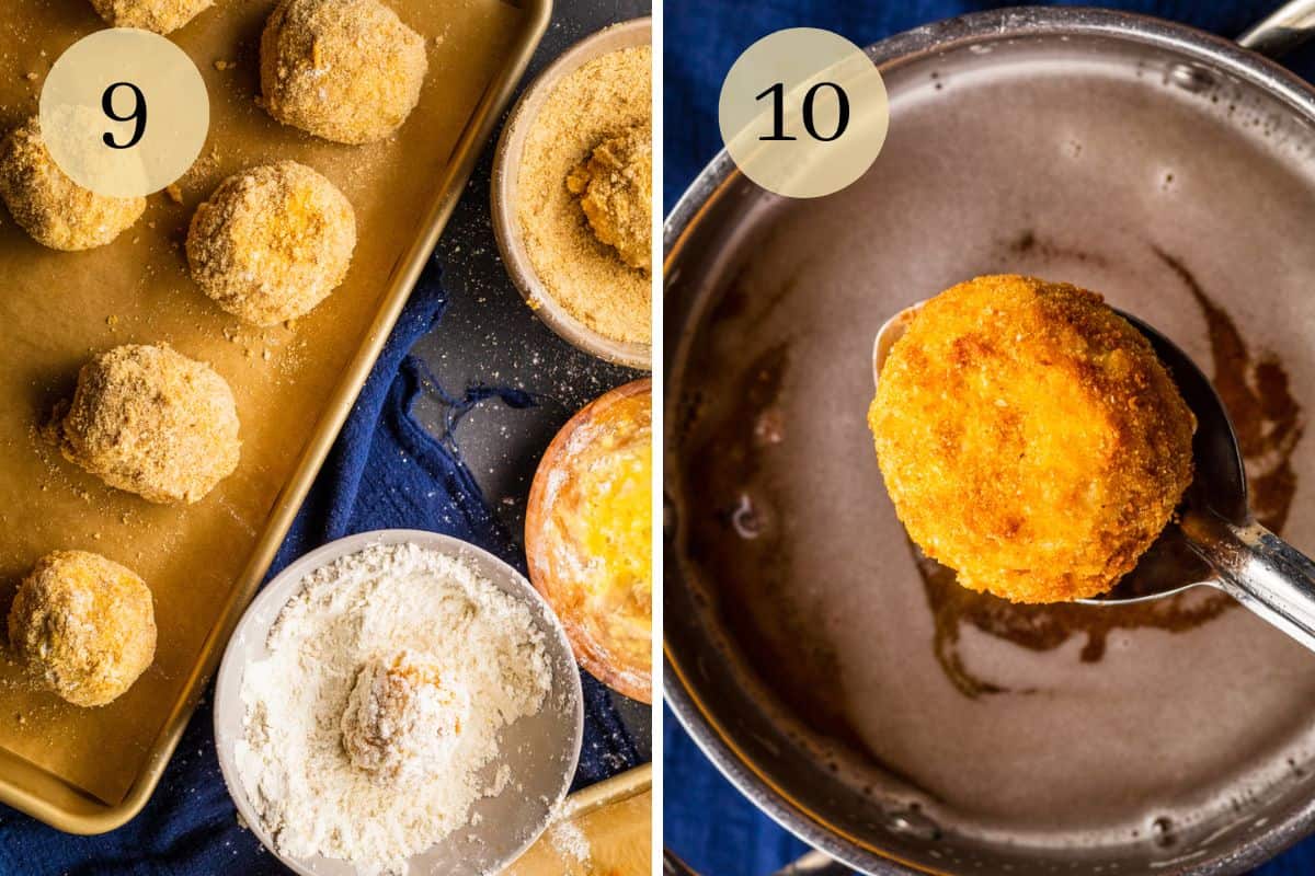 breading rice balls in flour, egg and breadcrumbs and fried in a slotted spoon over oil.