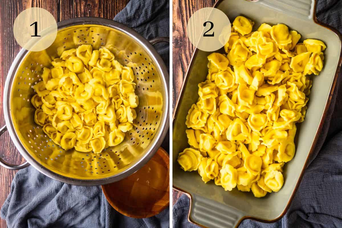 cooked tortellini draining in a colander and then spread out in a baking dish.