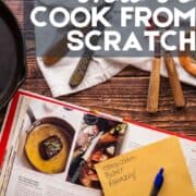 cook book, shopping list, kitchen tools.