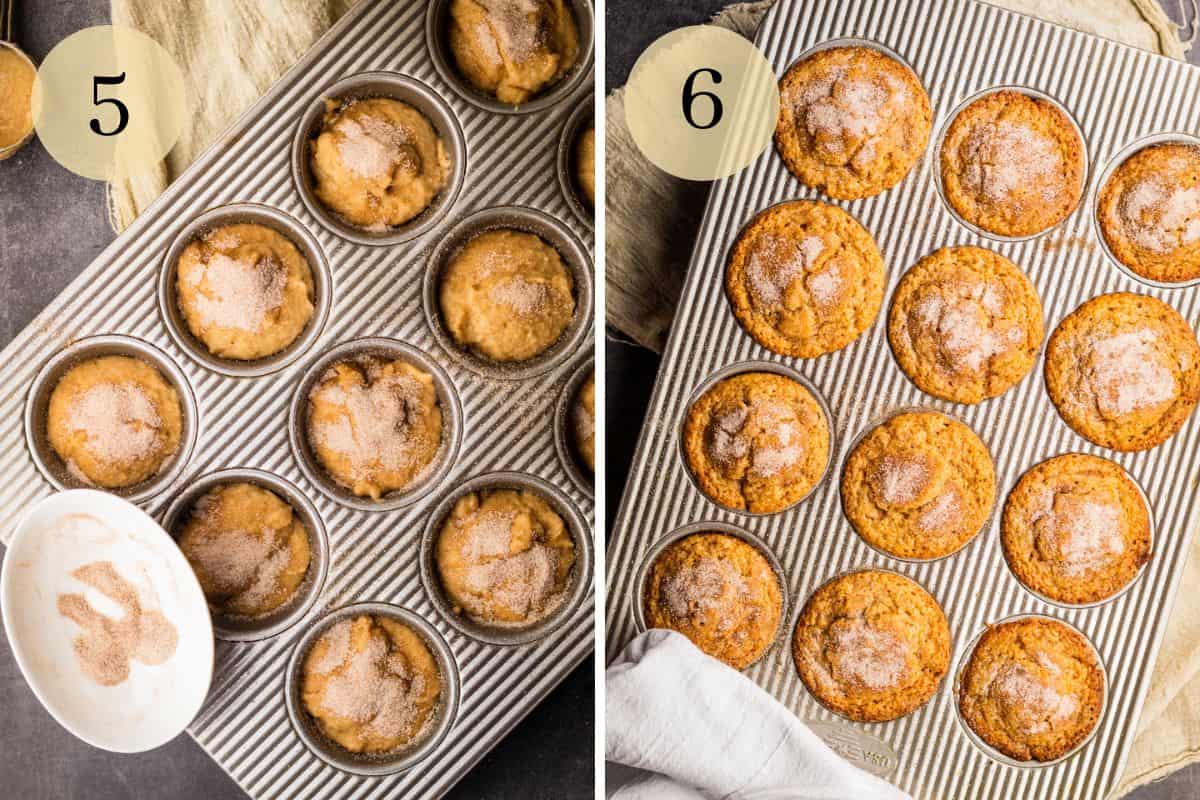 cinnamon sugar sprinkled on muffin batter in a muffin tin and freshly baked applesauce muffins.
