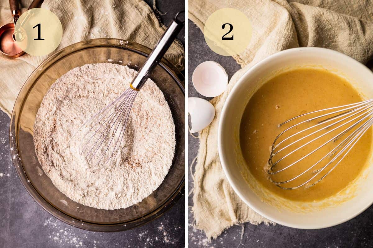 whisk in flour mixture in a bowl and whisk in applesauce mixture in another bowl.