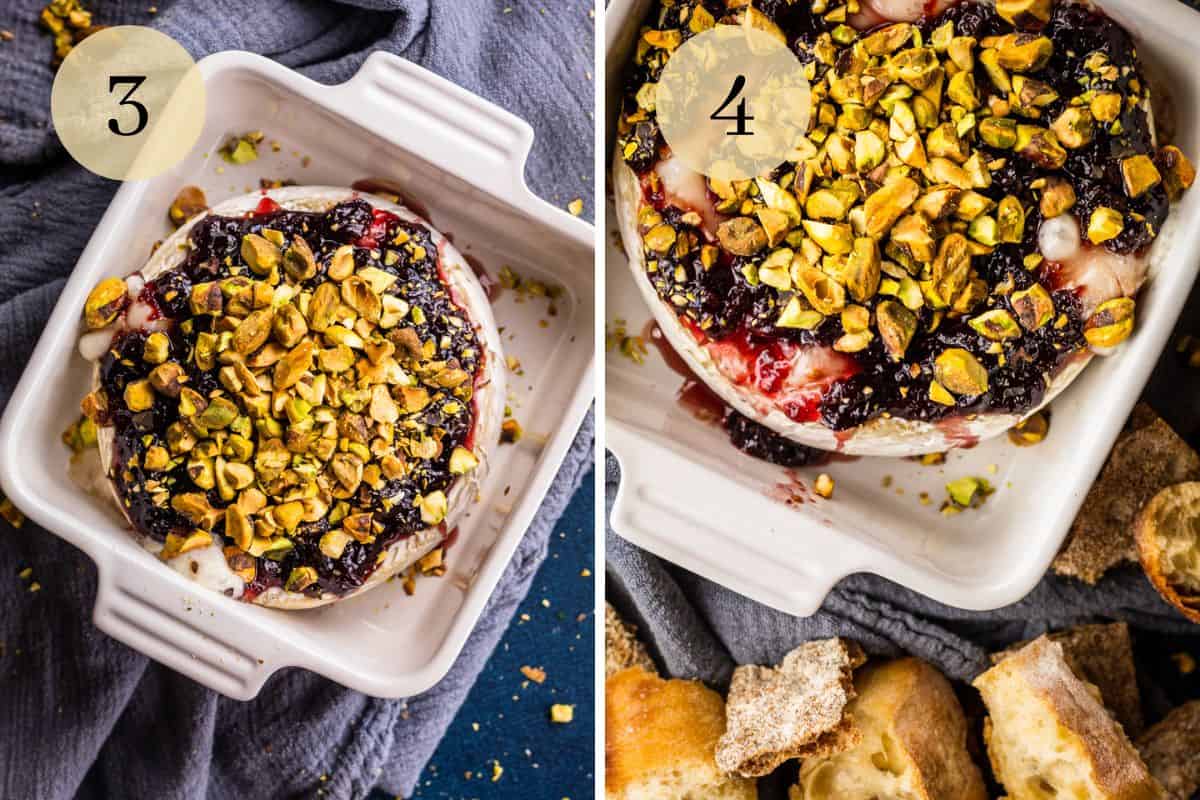 baked brie topped with jam and pistachios in a baking dish and with sliced bread around.