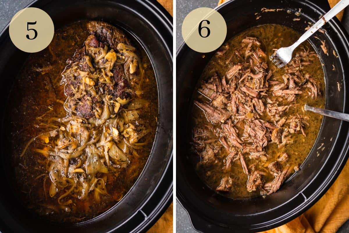 cooked beef roast and onions in a crock pot and shredded and mixed with au jus.