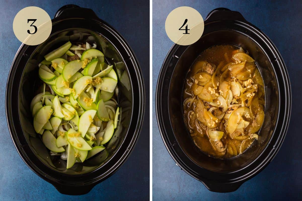 sliced apples, onions and garlic on pork in slow cooker before and after cooking.