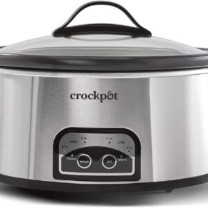 crock pot silver and black slow cooker.