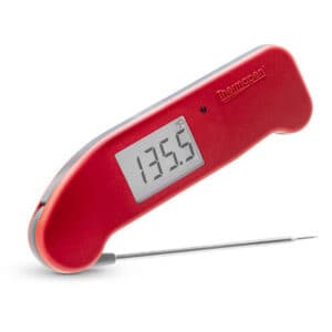 red instant read digital thermometer with probe.