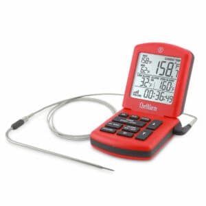 red flip digital thermometer with long probe.
