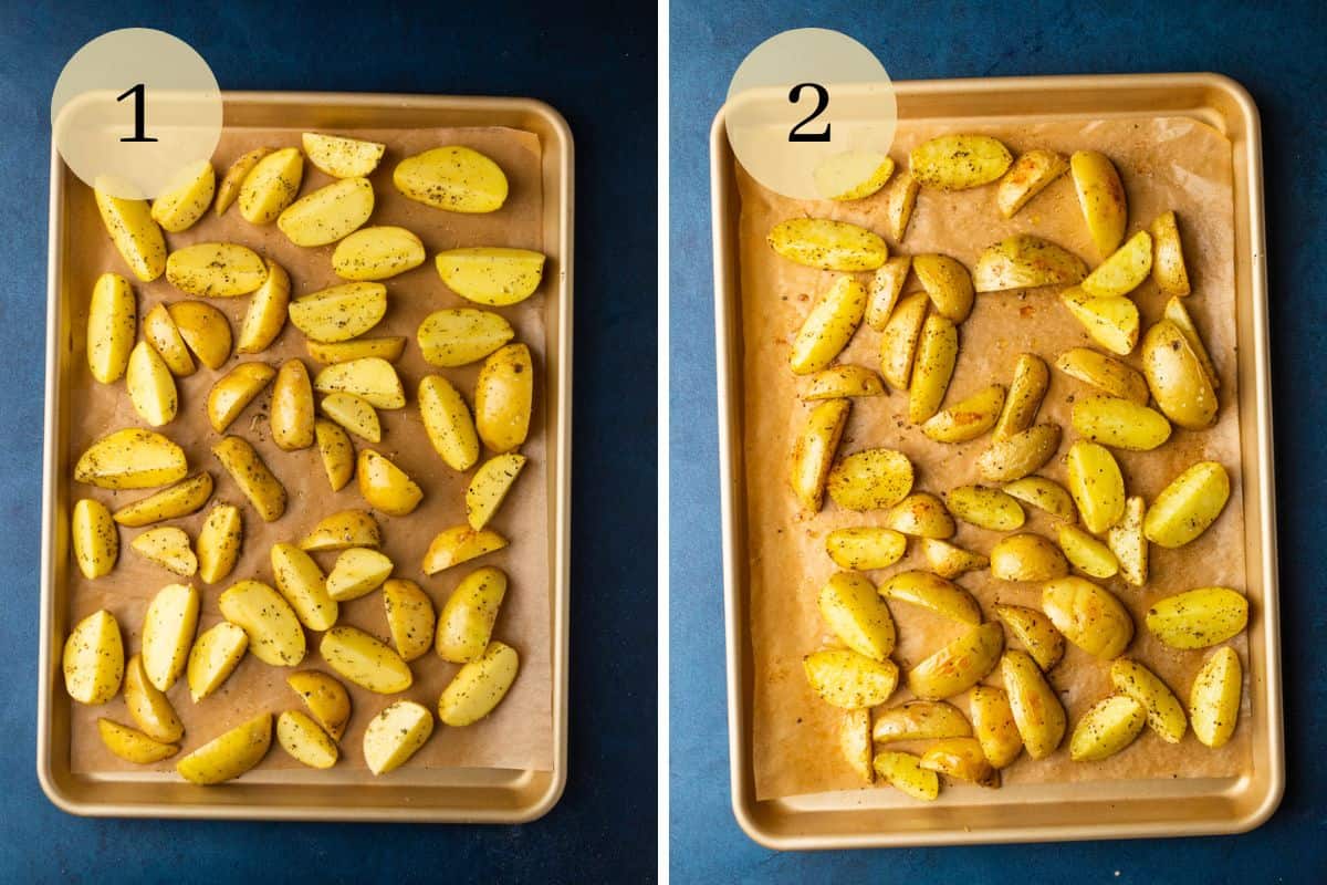 sliced potatoes in on a sheet pan before and after roasting.