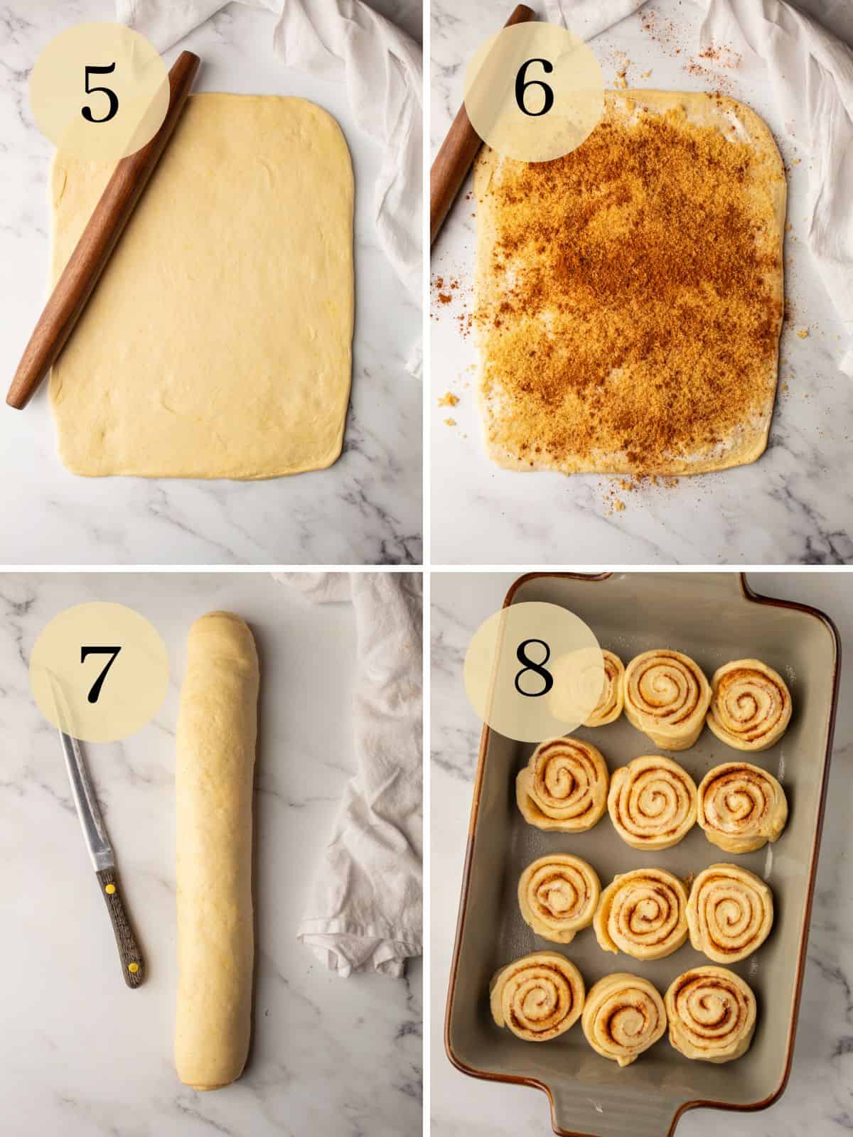 dough rolled out, topped with cinnamon, sugar and butter, rolled dough and cut rolls in pan.