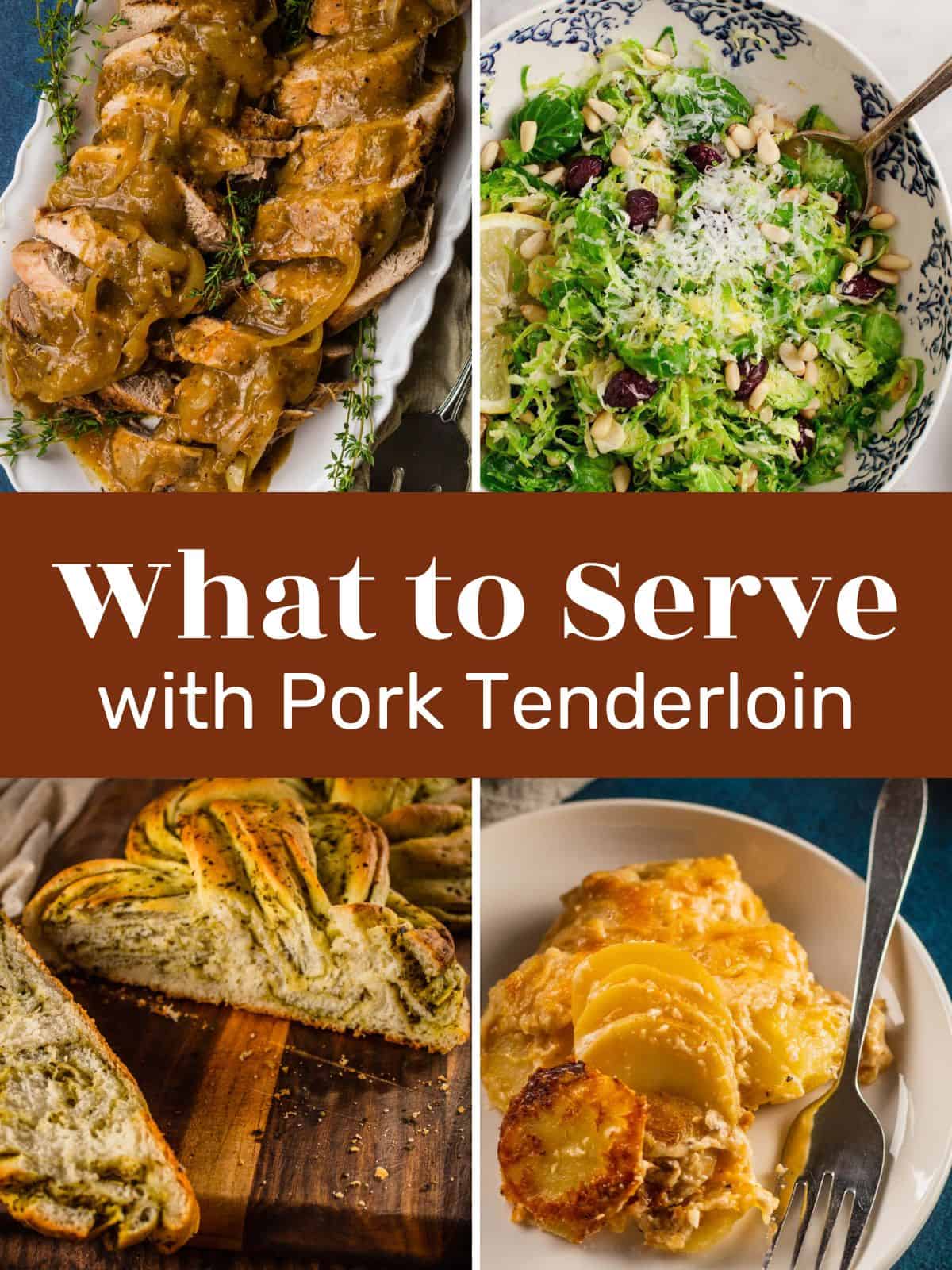 sliced pork tenderloin, salad, bread and cheesy potatoes.