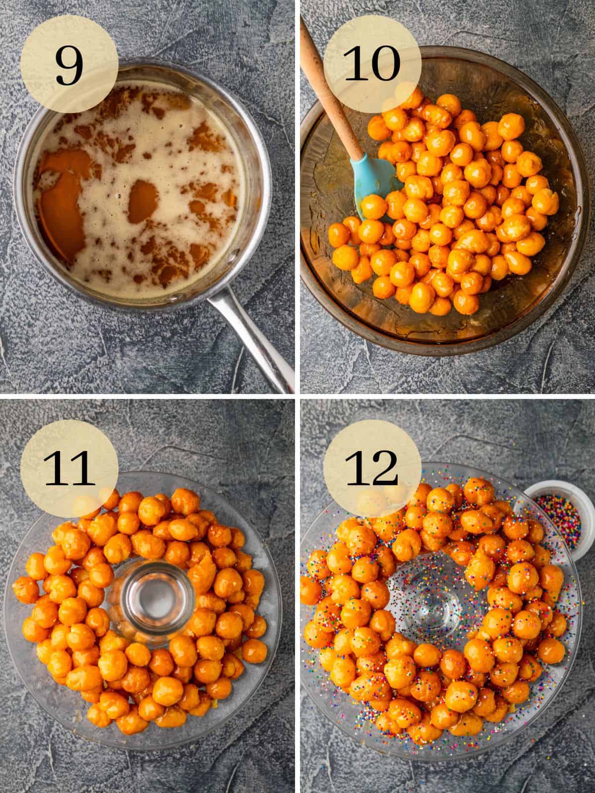 honey mixture in a pot, honey on struffoli, honey balls on plate then covered in sprinkles.