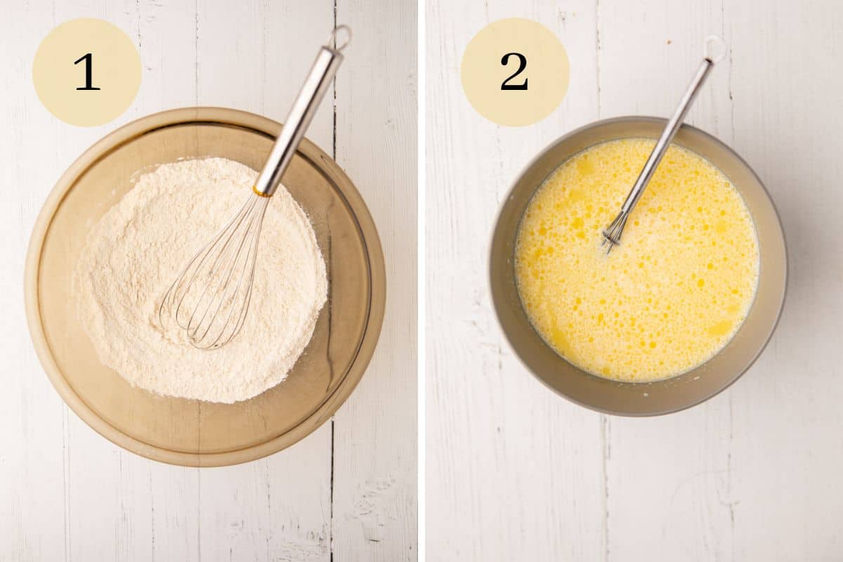 dry ingredients with whisk in a bowl and egg and milk mixture in bowl with whisk.
