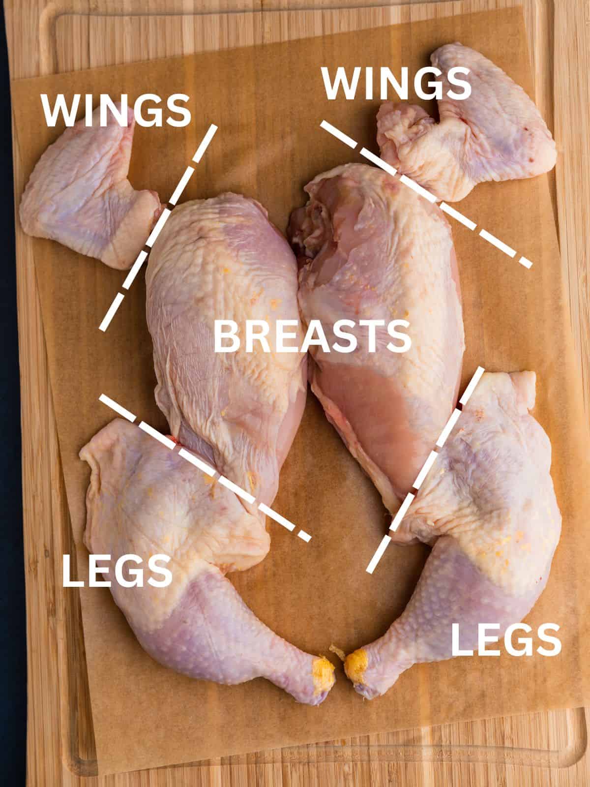 whole chicken cut into pieces on a cutting board with labels showing different piece names.