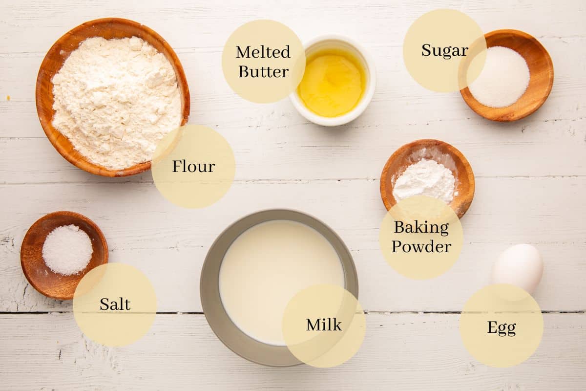 flour, melted butter, salt, sugar, baking powder, milk and a whole egg.