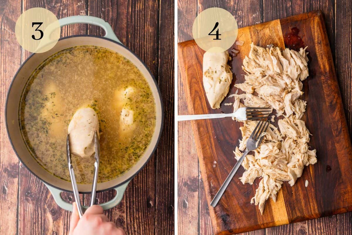 tongs holding cooked chicken over a pot and shredded chicken with two forks on cutting board.