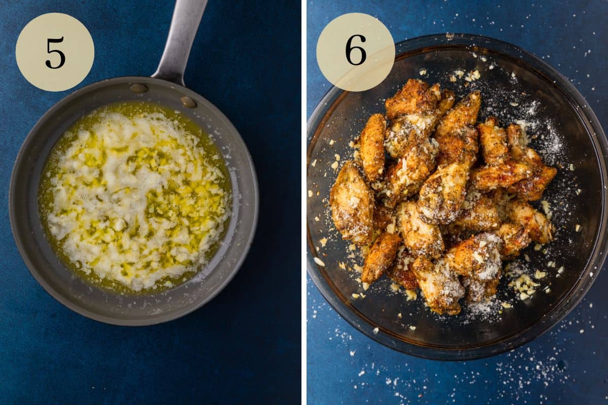 melted butter and garlic in a skillet and wings coated with garlic butter and parmesan cheese.