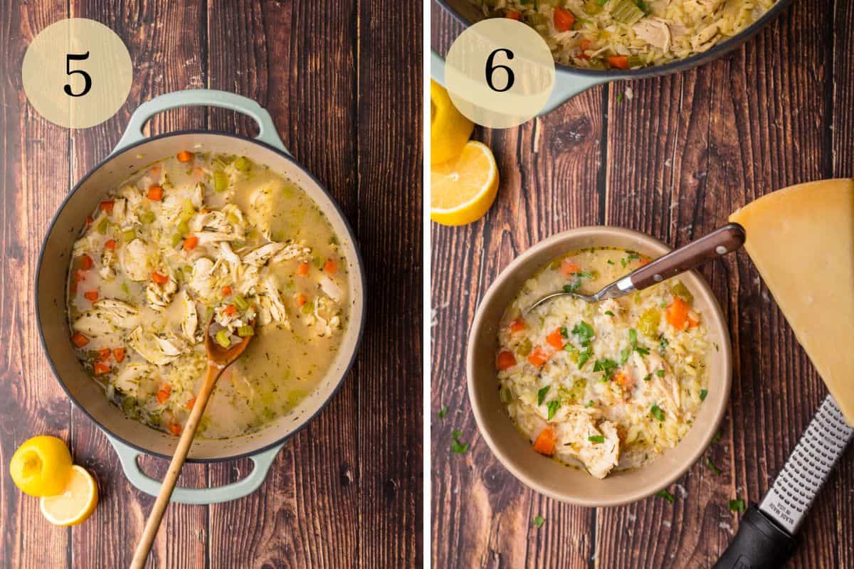 soup with shredded chicken and orzo in a pot and bowl of soup topped with parmesan.