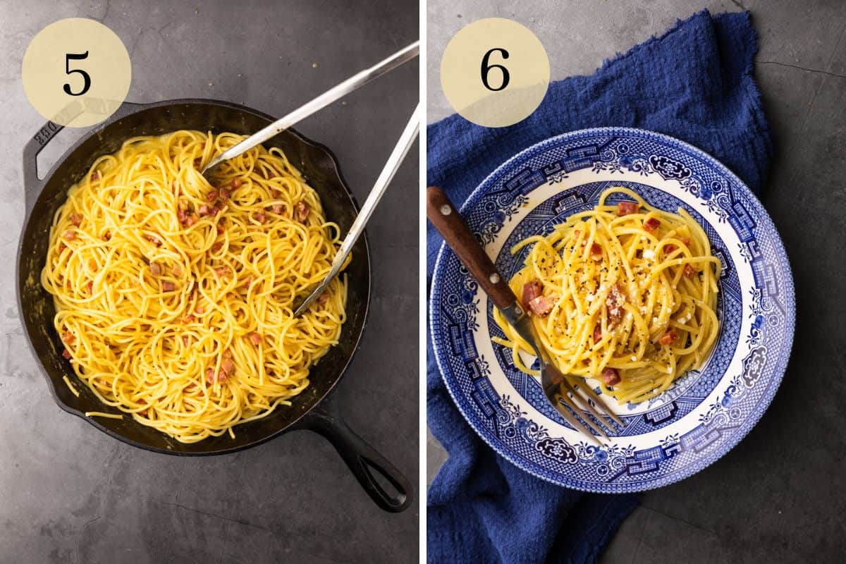 spaghetti mixed with egg, pecorino, pancetta and finished carbonara in a bowl with cheese on top.
