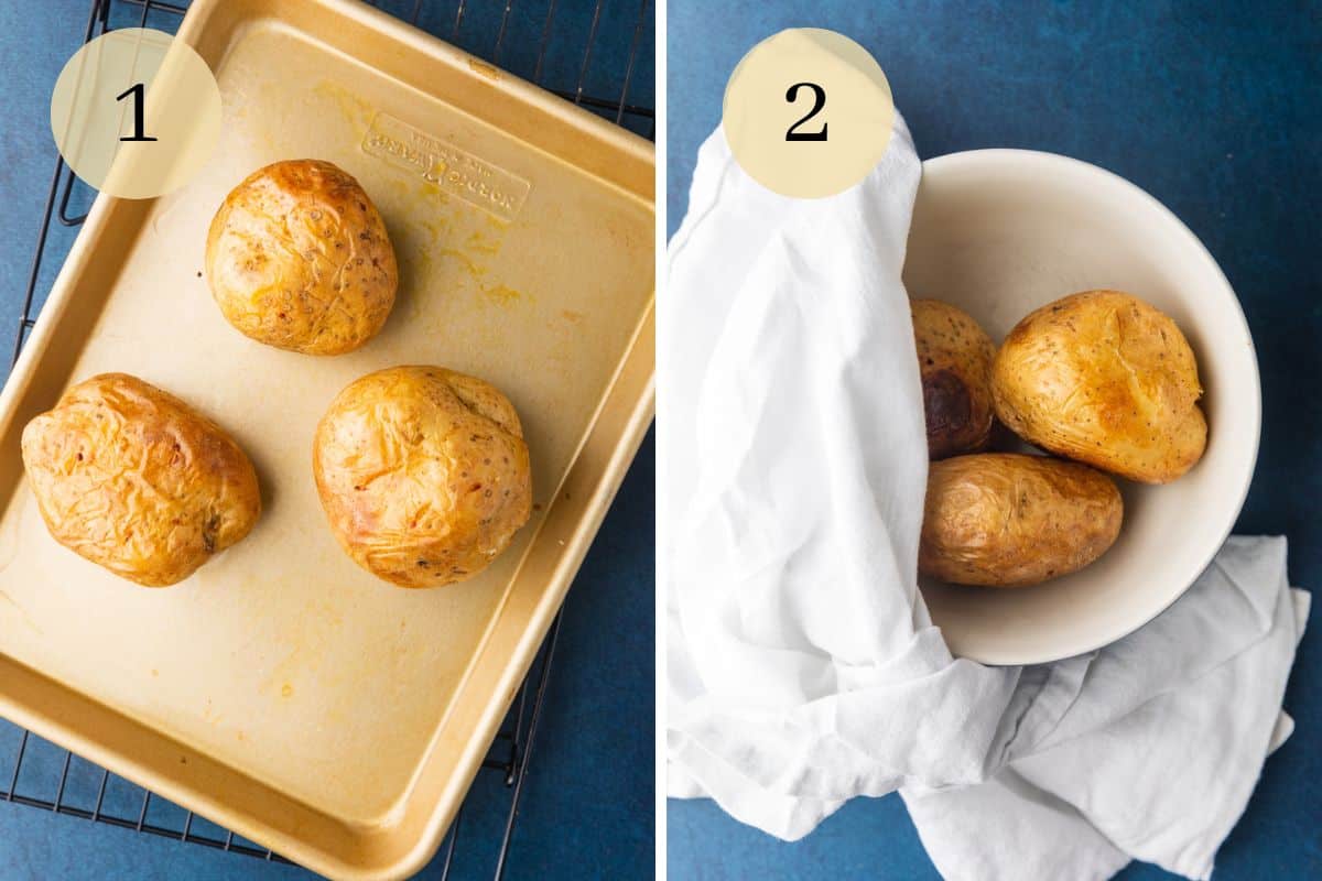 baked potatoes on gold sheet pan and in a white bowl partially covered by a towel.
