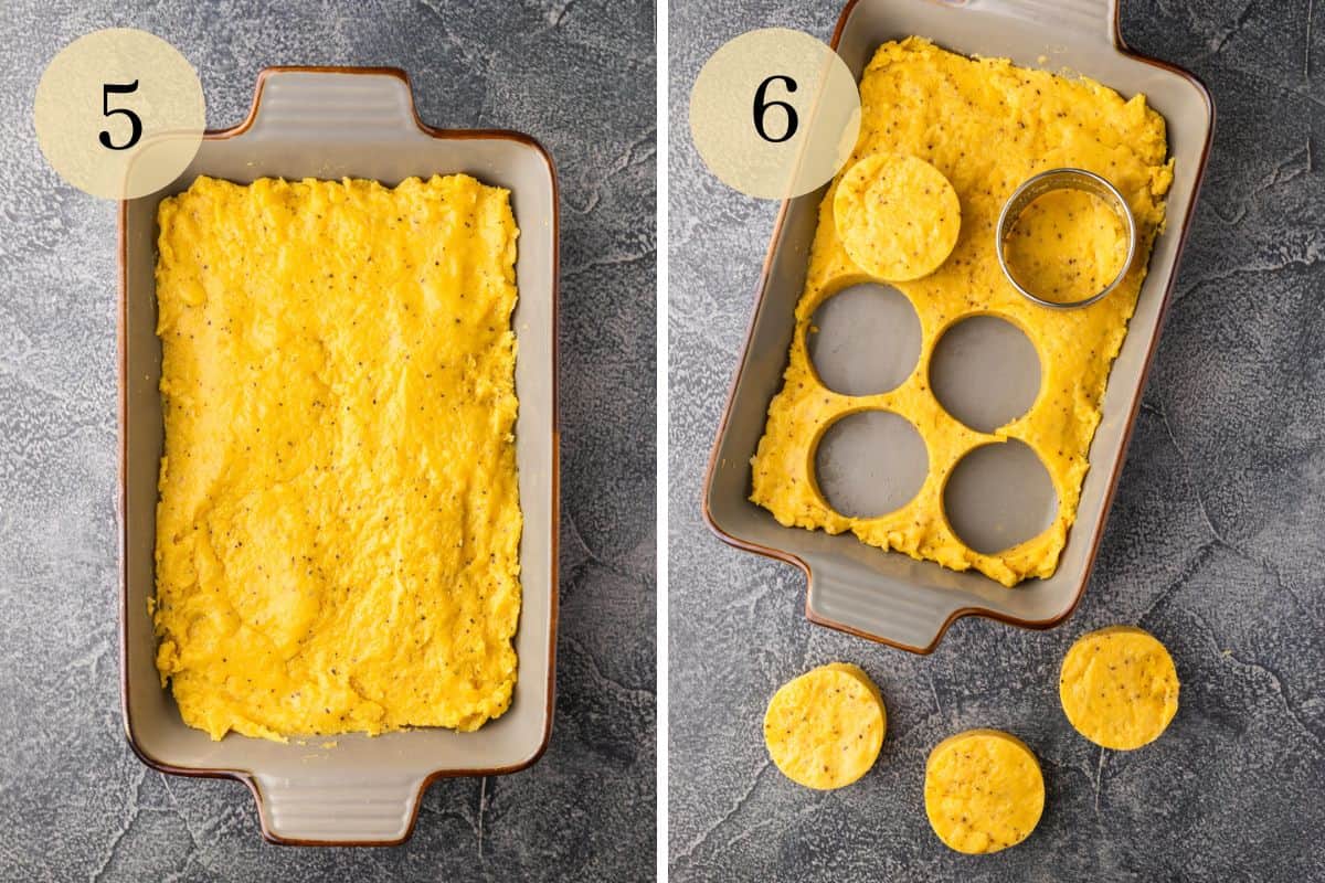 polenta in a rectangle baking dish and then cut into circle shapes.