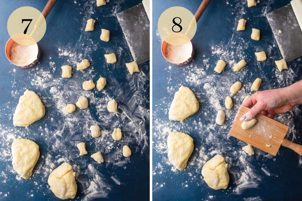 gnocchi dough cute into small pieces and a hand rolling the piece down a gnocchi board.