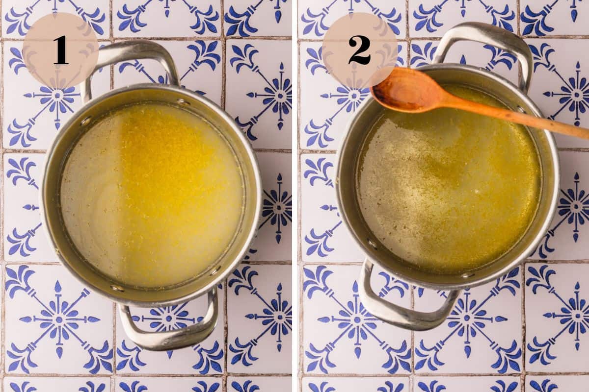 lemon zest, water and sugar in a pot before and after heating to dissolve sugar.