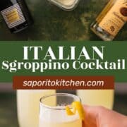 ingredients to make a sgroppino and hand holding champagne flute with sgroppino in it.