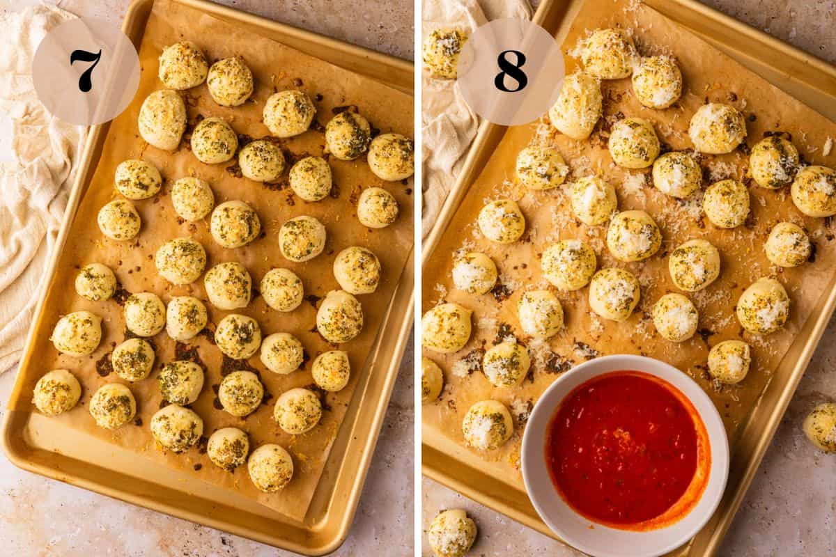 baked bread bites with cheese and herbs and marinara dip next to it.