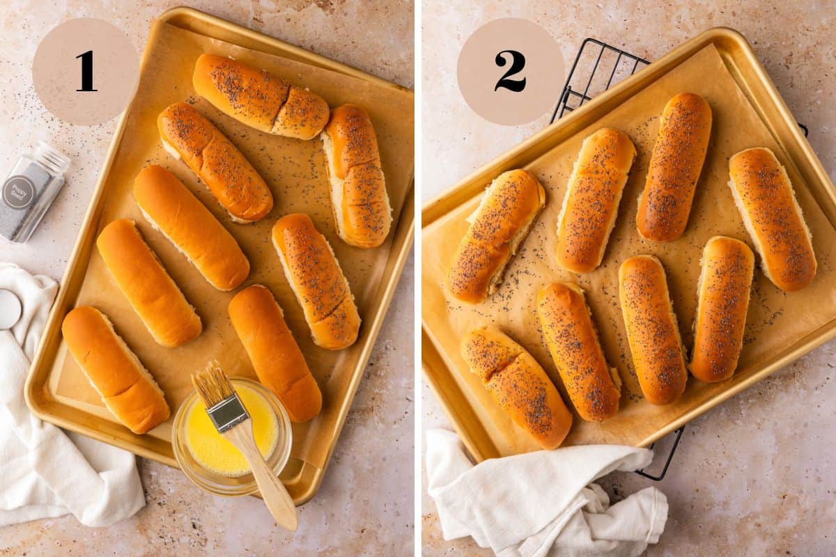 hot dogs buns topped with egg wash and poppy seeds before and after baking.