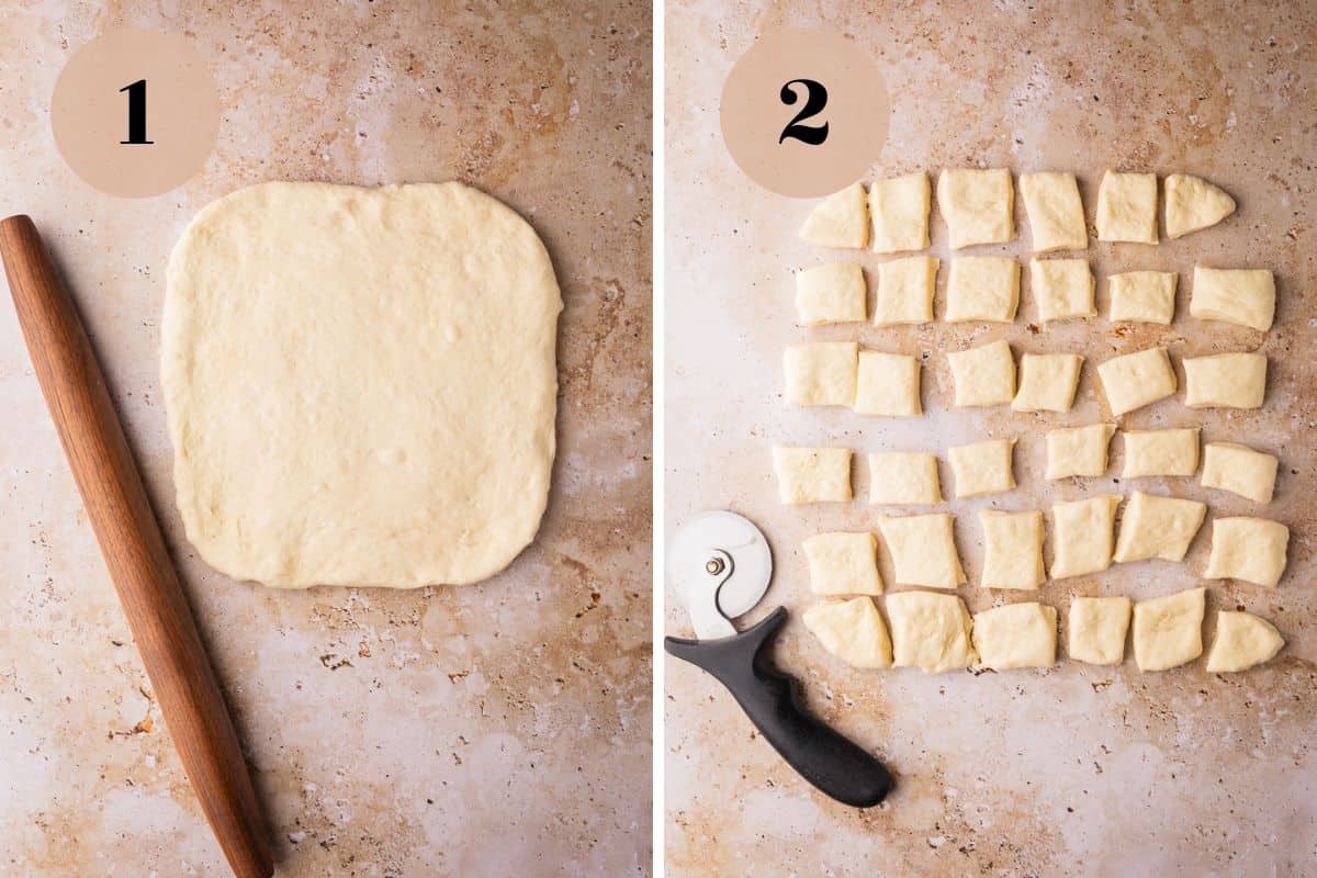 pizza dough rolled into a square and cut into smaller squares.