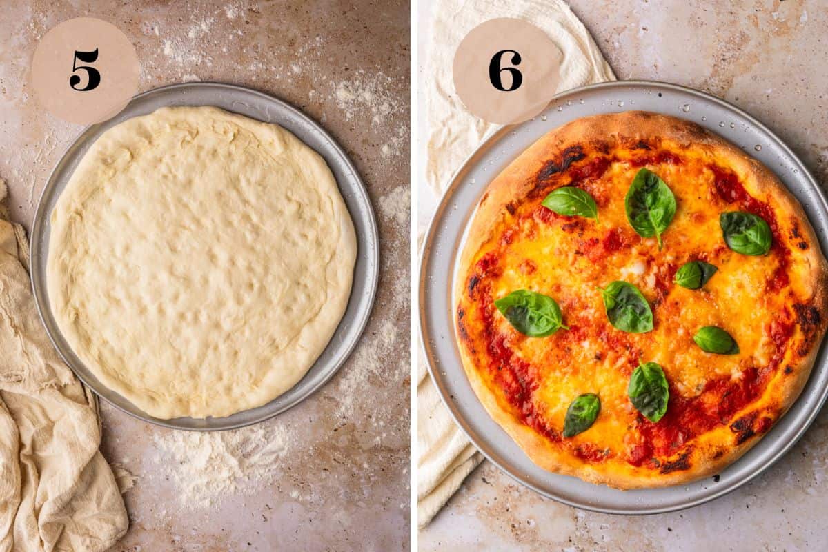 pizza dough shaped onto a metal pizza pan and baked pizza with cheese and basil.