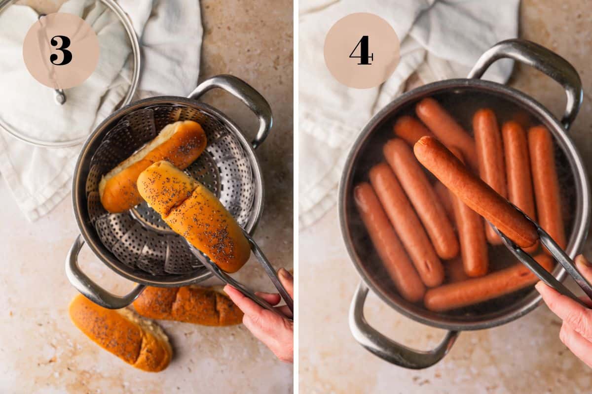 tongs holding steamed hot dog bun over water and cooked hot dog over  pot.