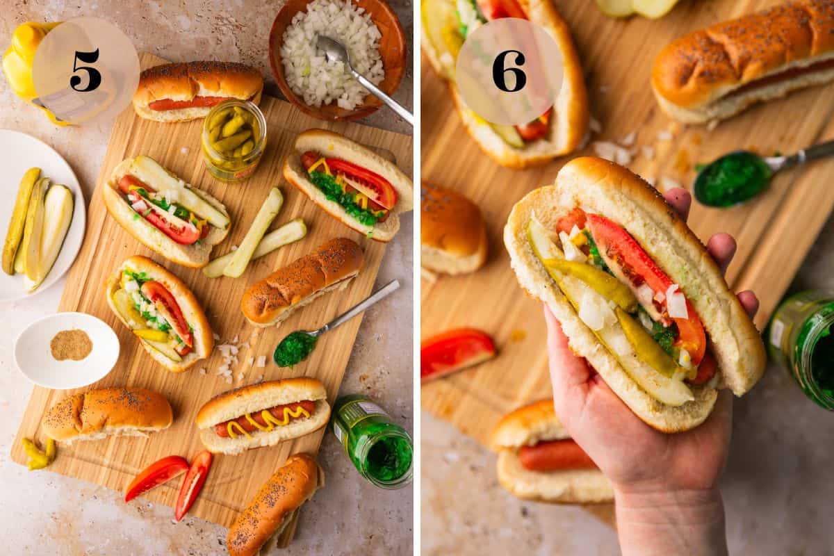hot dogs on cutting board with some toppings on them and hand hold finished chicago dog.