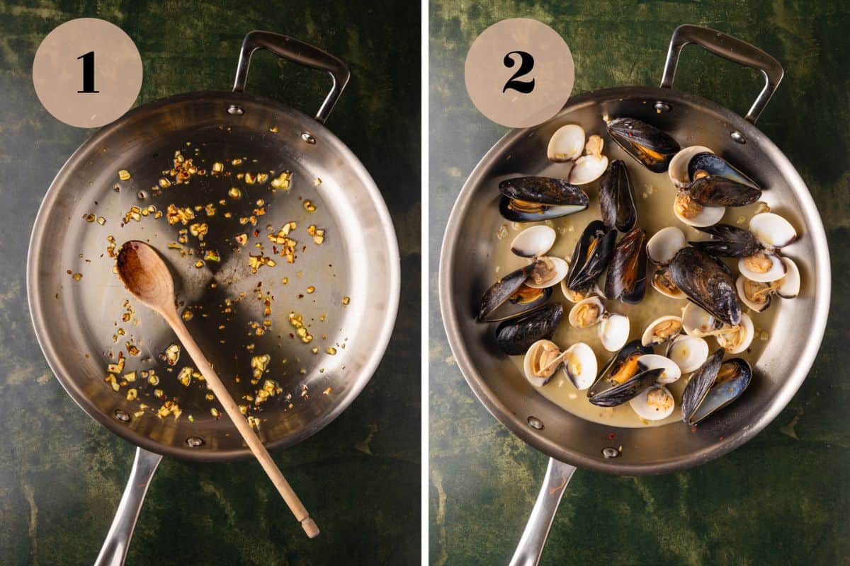 garlic and red pepper flakes cooking in a skillet and mussels and clams added.