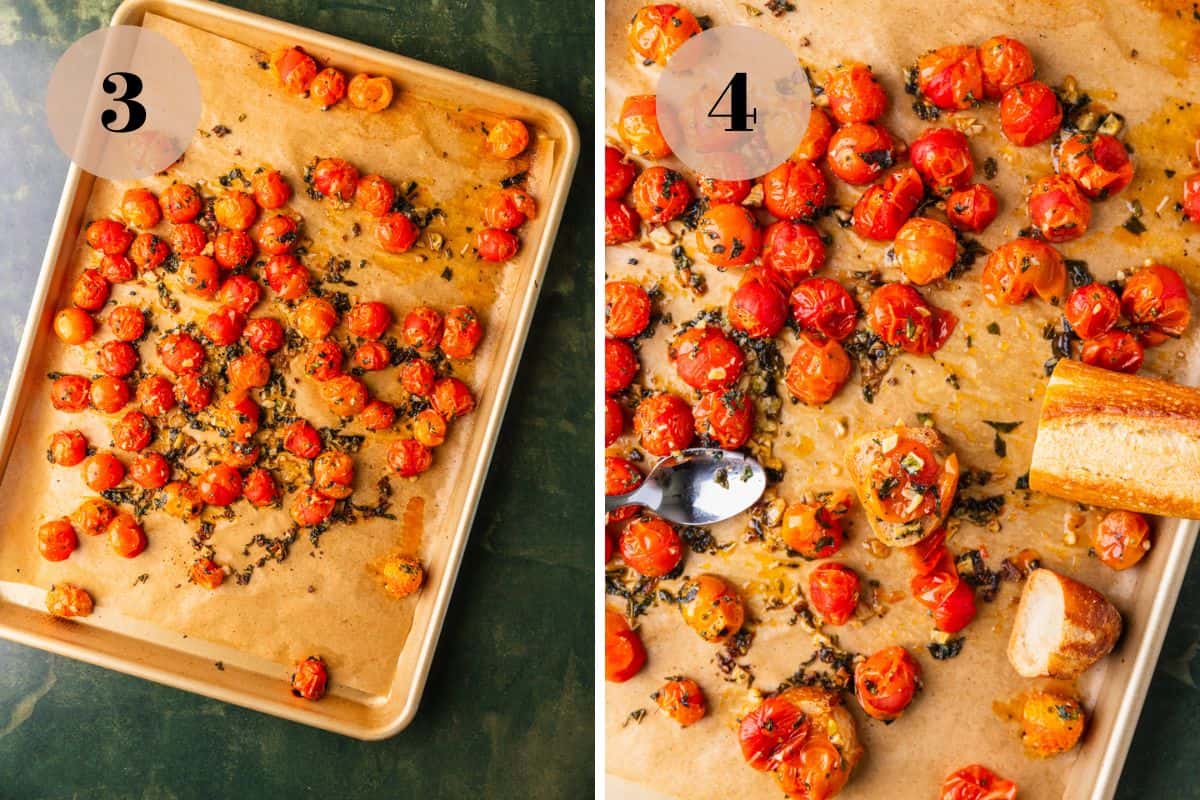 roasted cherry tomatoes with herbs on a sheet pan and spread on bread slices.