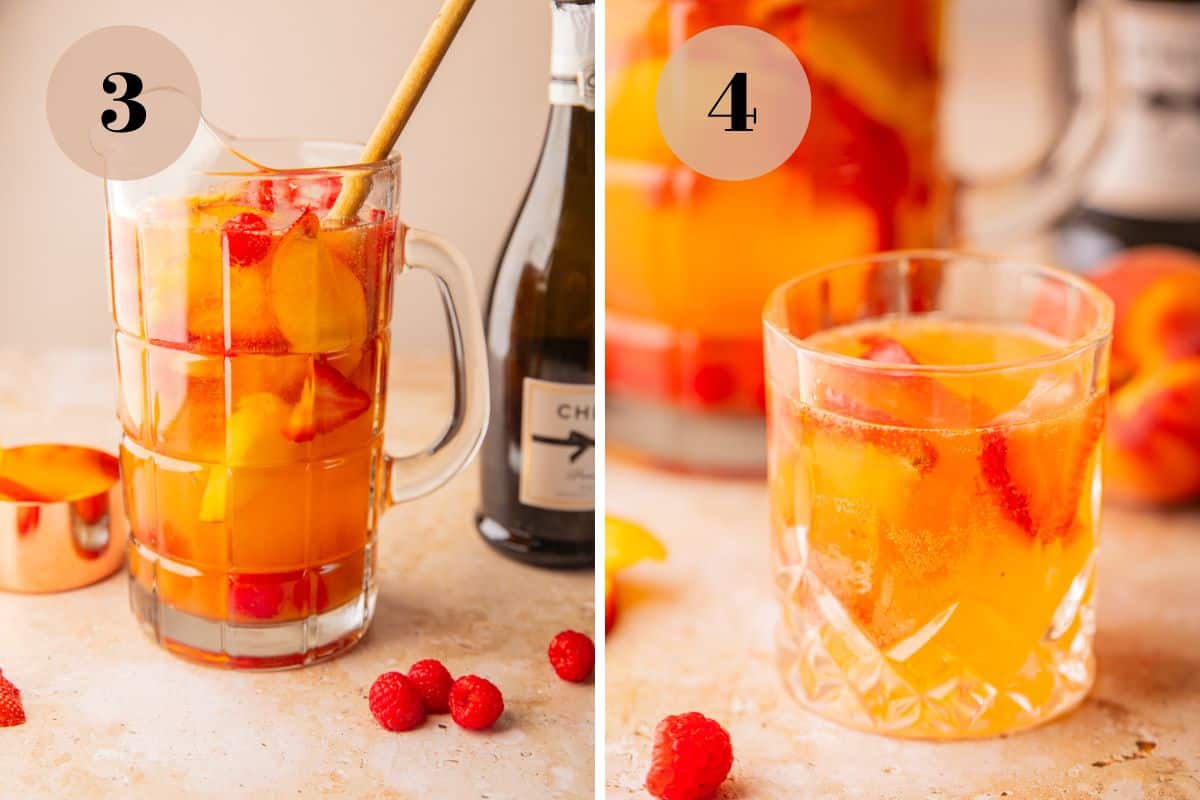 wooden spoon stirring sangria in a pitcher and sangria served in a clear glass.