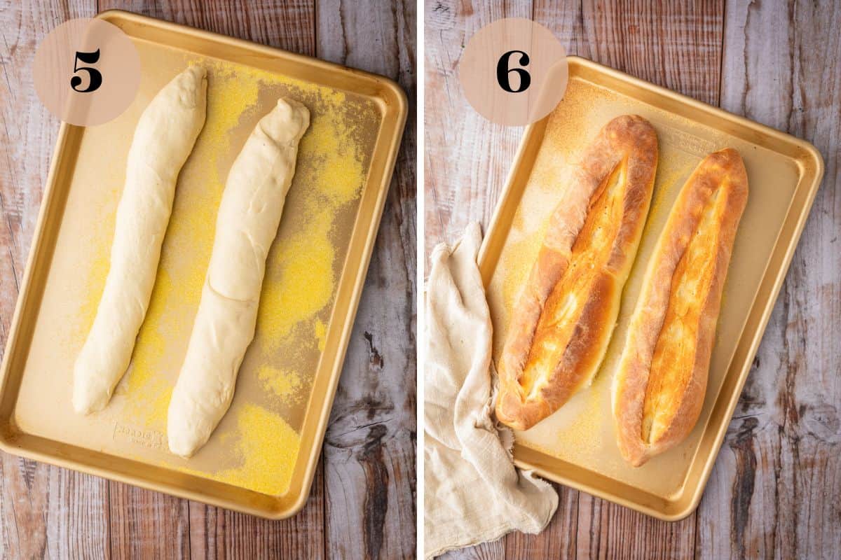 bread dough shaped in two baguettes on a sheet pan and baked loaves of bread.